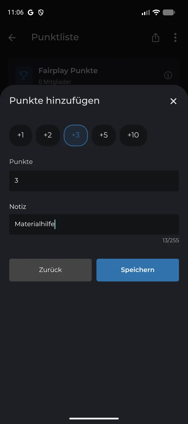 Punkte hinzufügen mit Schnellauswahl und Notiz