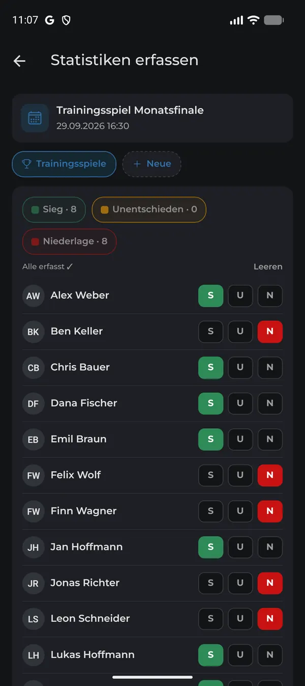 Sieg, Unentschieden oder Niederlage für jeden Spieler erfassen