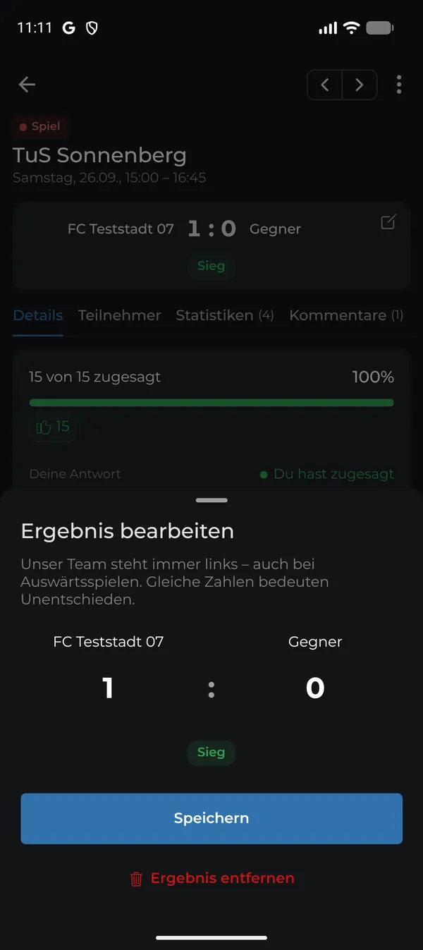 Ergebnis bearbeiten: eigenes Team links, Gegner rechts