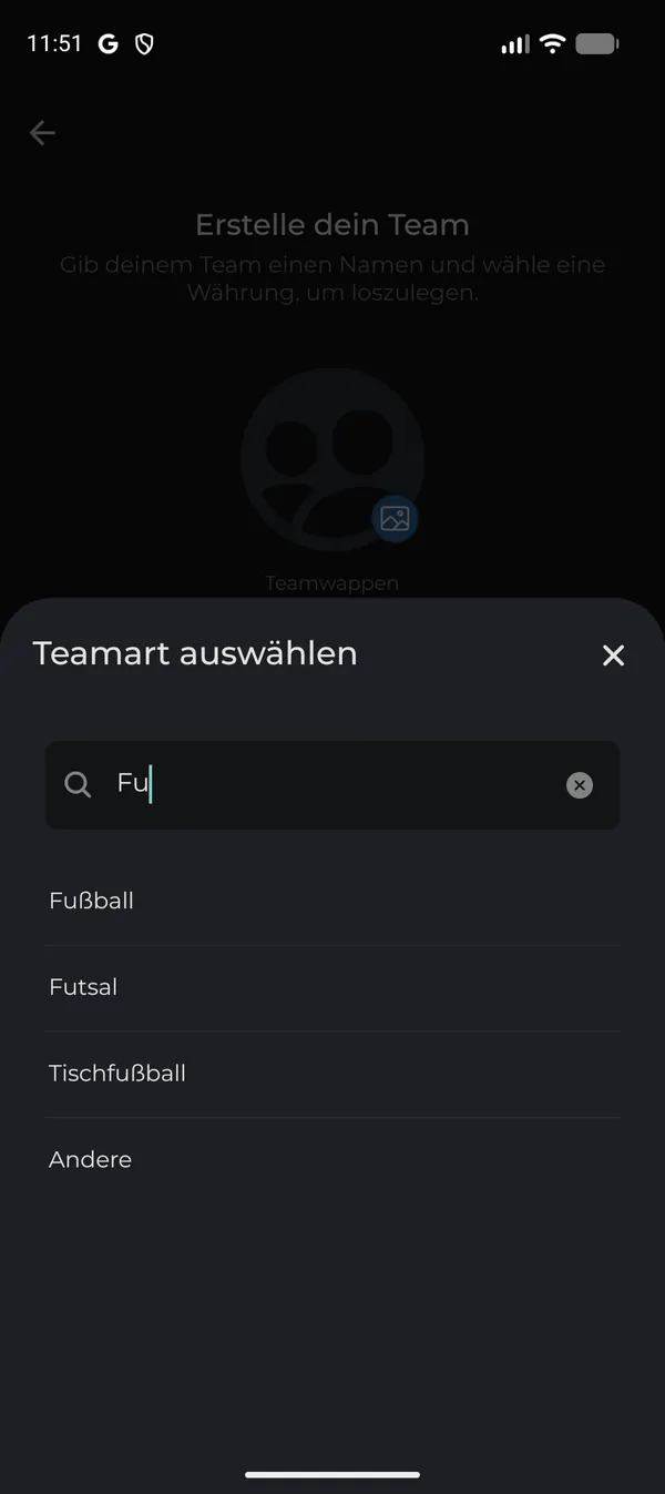 Teamart über die Suche auswählen
