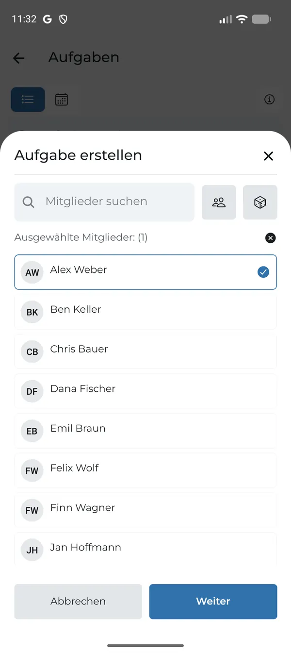 Mitglieder für die Aufgabe auswählen
