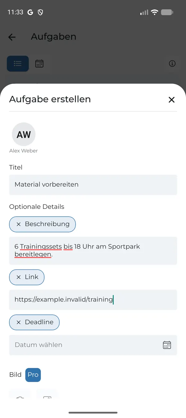Titel, Beschreibung, Link und Deadline eingeben