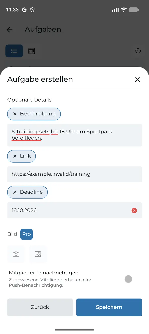 Deadline und Benachrichtigung vor dem Speichern