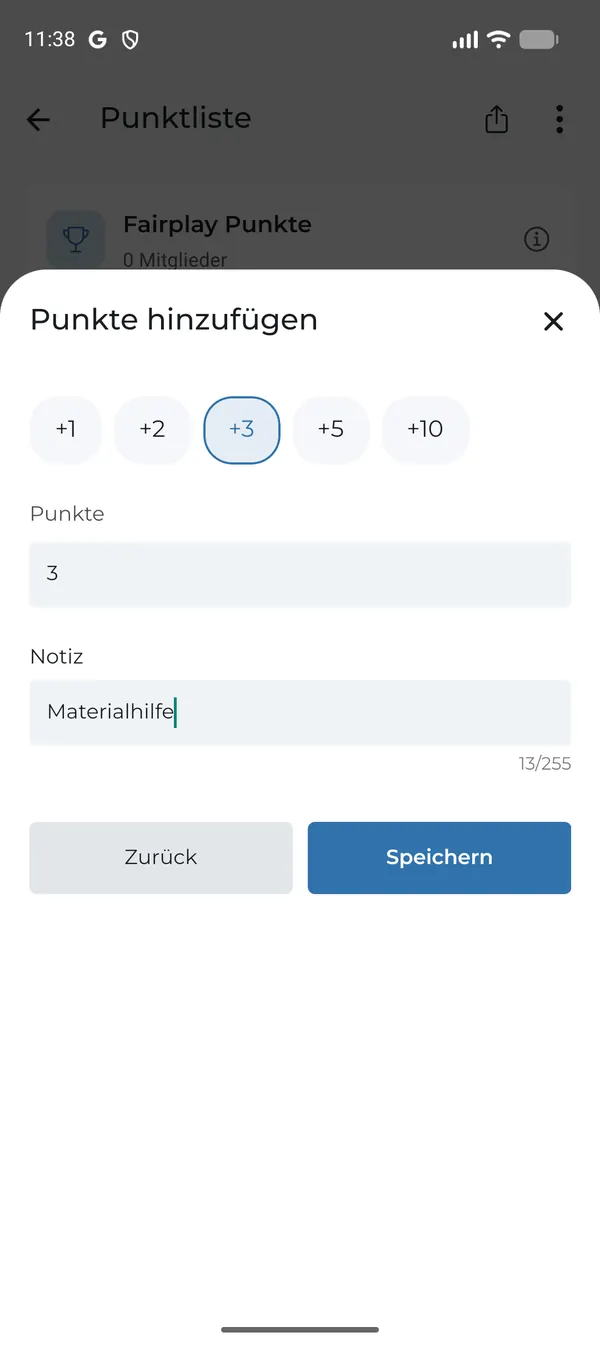Punkte hinzufügen mit Schnellauswahl und Notiz