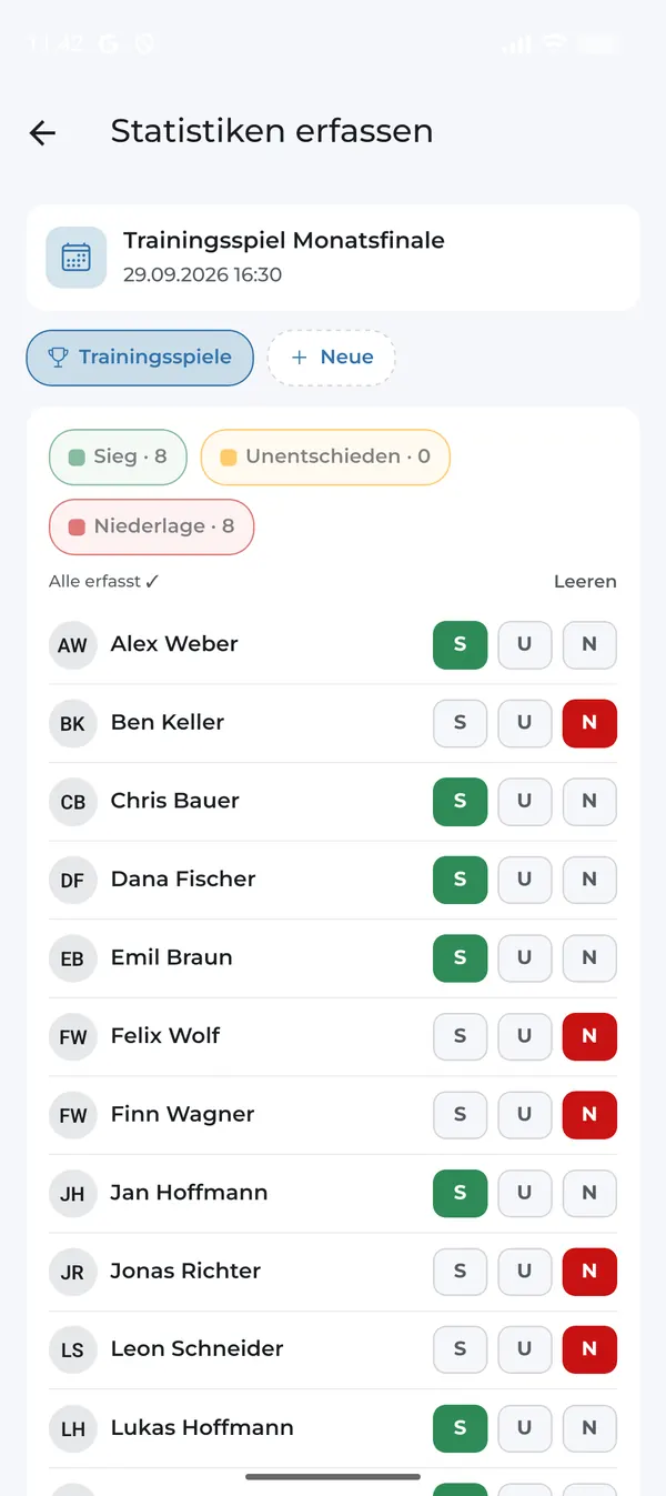 Sieg, Unentschieden oder Niederlage für jeden Spieler erfassen