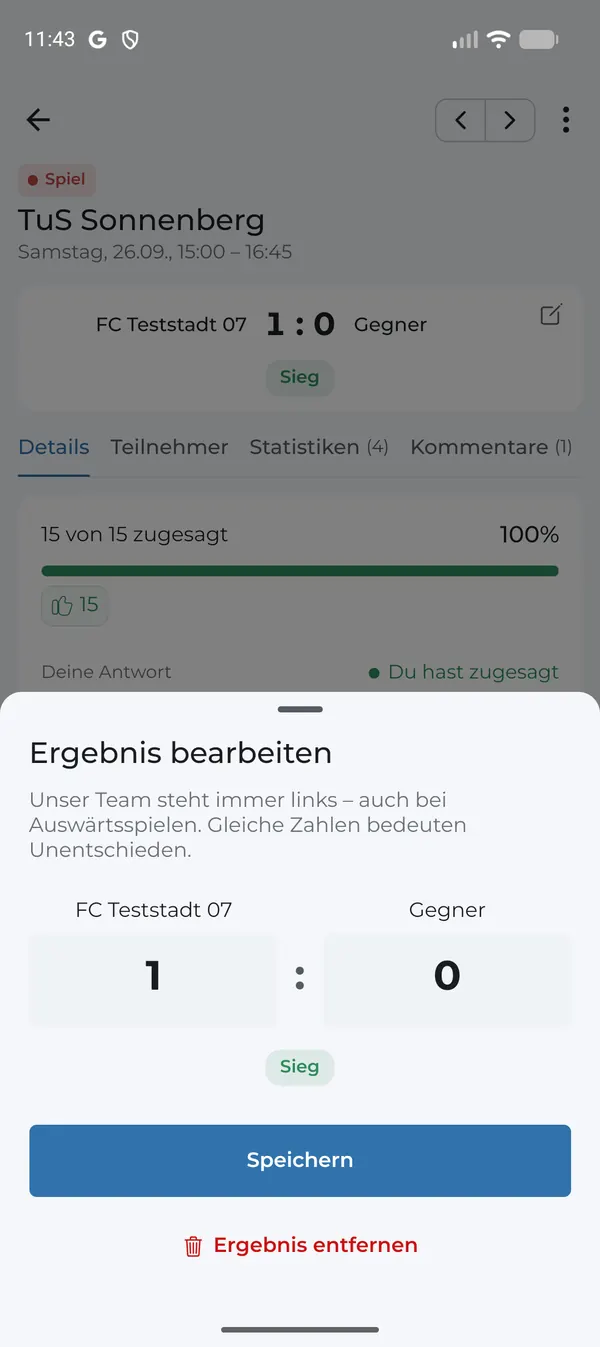Ergebnis bearbeiten: eigenes Team links, Gegner rechts
