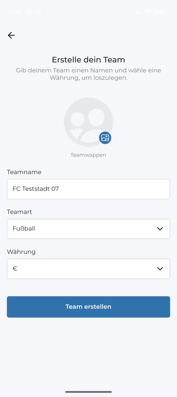 Team erstellen mit Name, Teamart und Währung