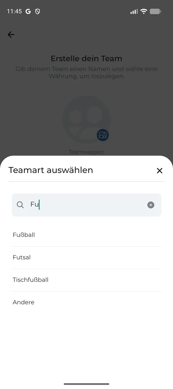 Teamart über die Suche auswählen